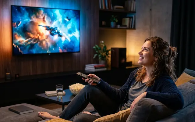 Casal assistindo televisão em uma sala aconchegante