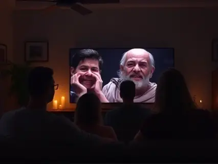 Família assistindo a um filme no escuro