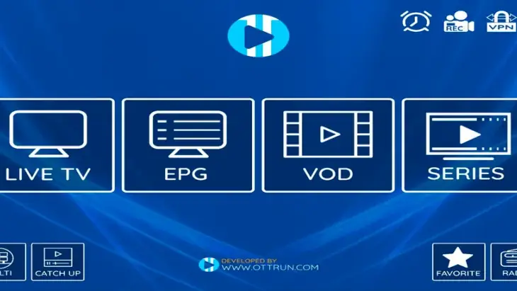 Interface de player IPTV com TV ao vivo, guia, filmes e séries