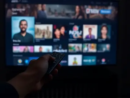 Mão com controle navegando em interface de TV