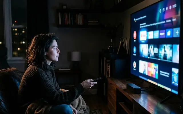 Mulher assistindo televisão em uma sala escura