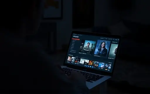 Notebook exibindo catálogo de filmes em ambiente escuro