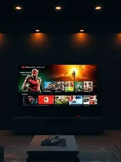 Sala de estar com televisão grande e iluminação suave