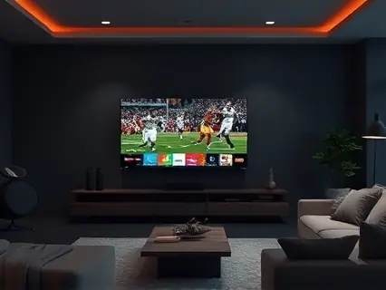 Sala escura com partida de futebol na televisão