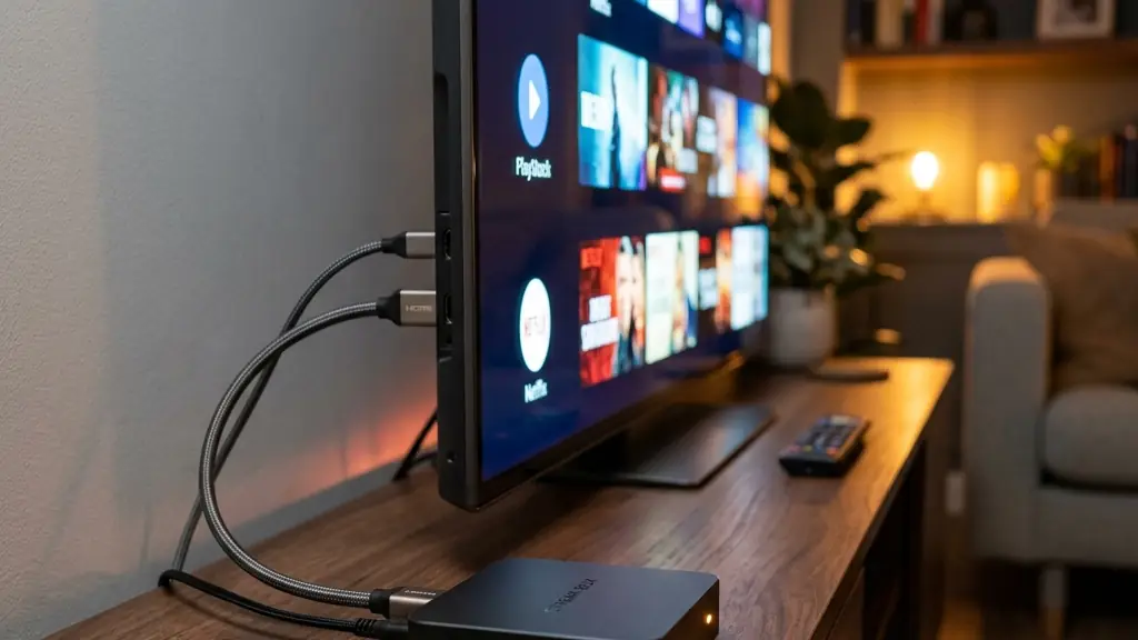 TV Box ligada embaixo da televisão